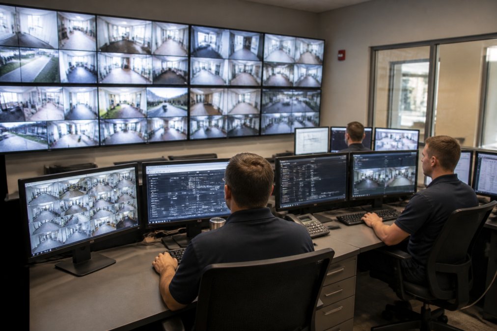 Security control room with multiple monitors displaying integrated surveillance feeds, real-time access control dashboards, and unified alert management system with operators monitoring the unified platform
