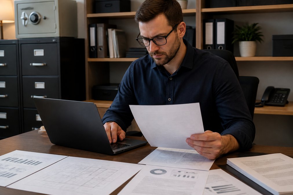 IT security professional reviewing compliance documentation and security protocols on laptop at desk, with network architecture diagrams and security policy documents visible on the desk