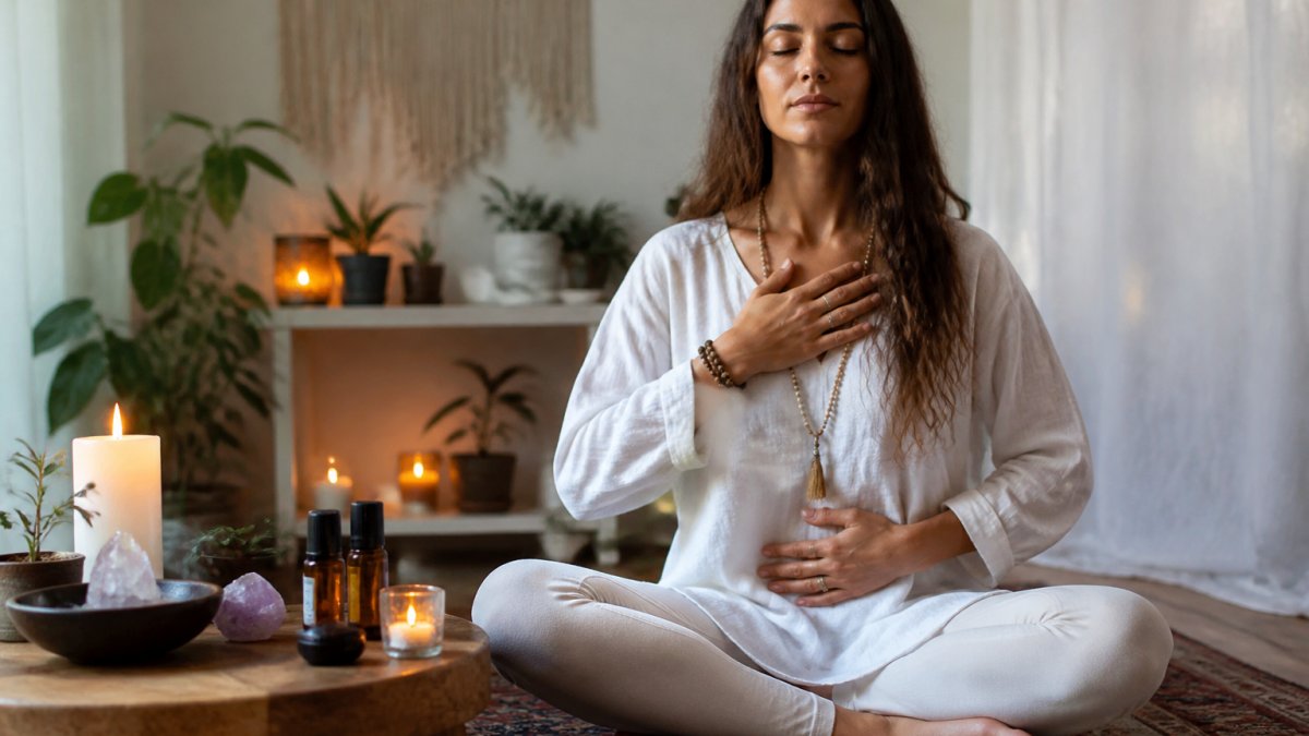 Infographic illustrating a step-by-step process for establishing a daily energy healing routine at home.