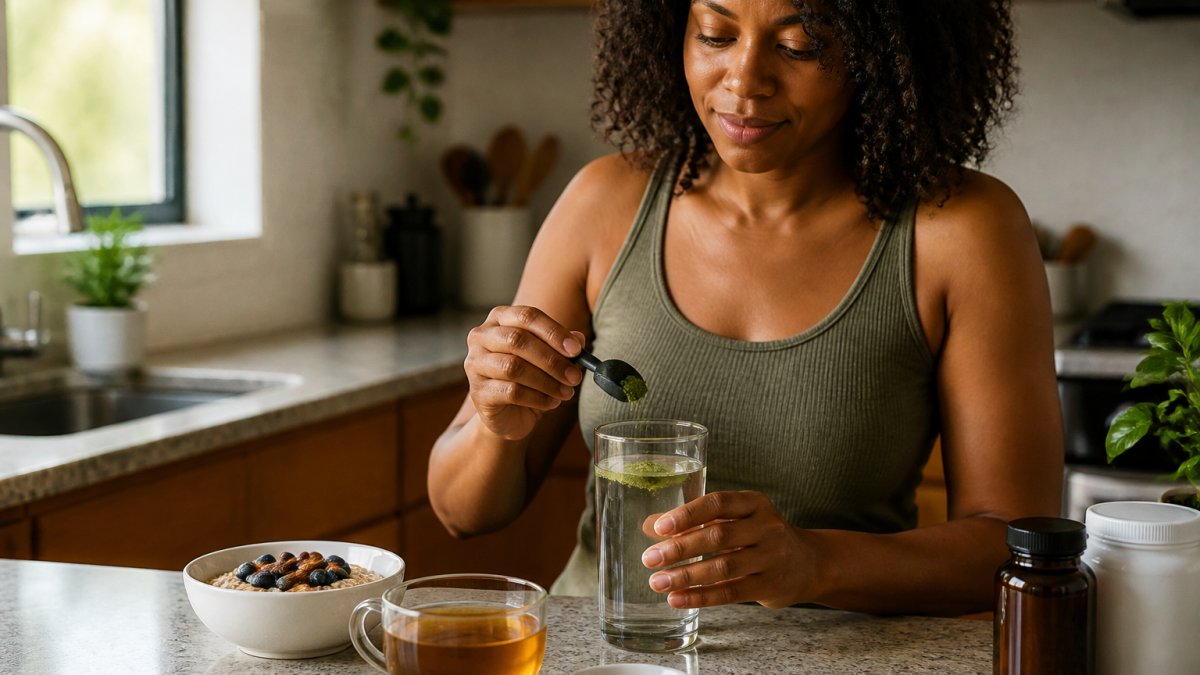 Person mixing green herbal supplements into water beside oatmeal and tea at a bright kitchen counter