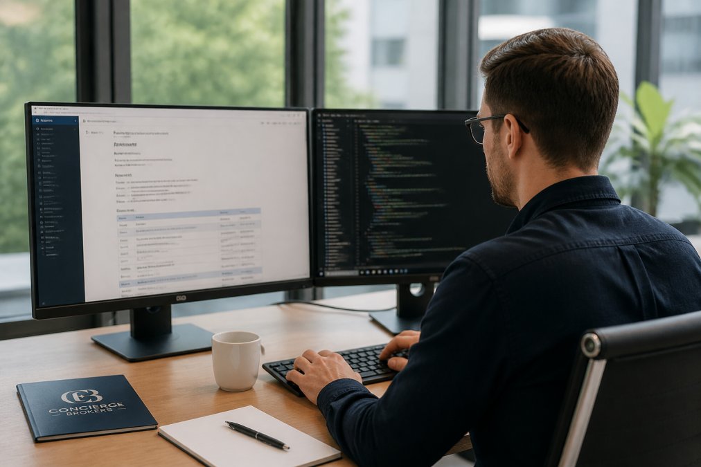 Developer at workstation reviewing API documentation and code on dual monitors in modern office with natural lighting
