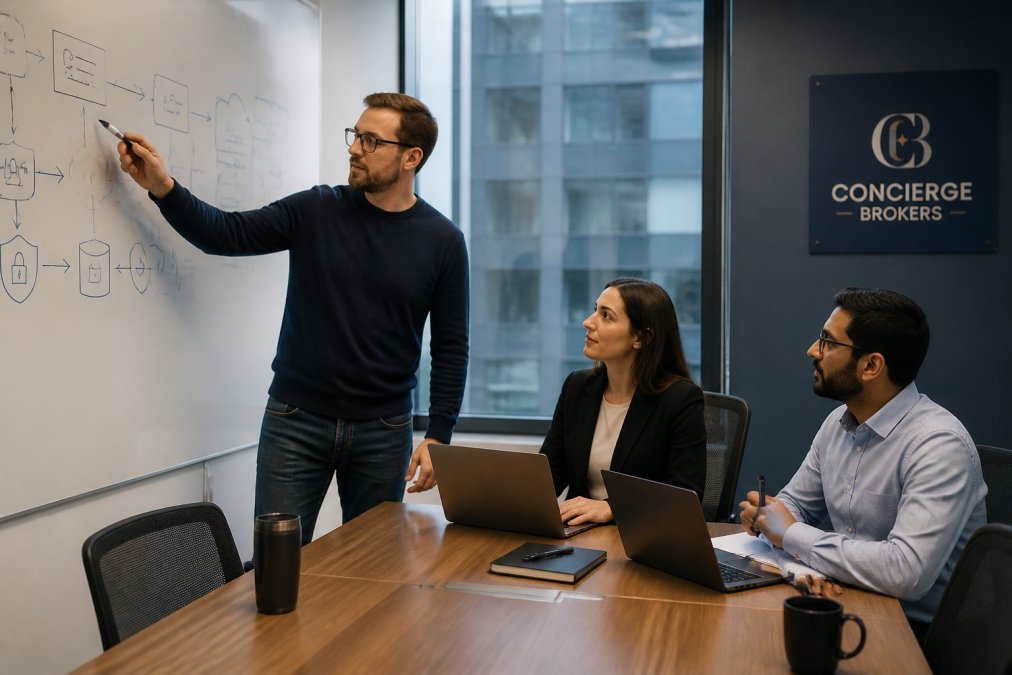 Team of IT professionals in modern conference room reviewing system architecture diagrams and security protocols on whiteboard with laptops open