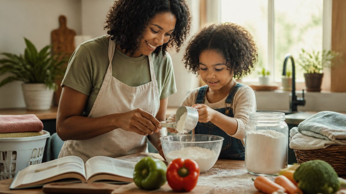 A parent and young child measuring flour together at a kitchen counter, with a cookbook open and fresh vegetables nearby, warm natural light coming through a window