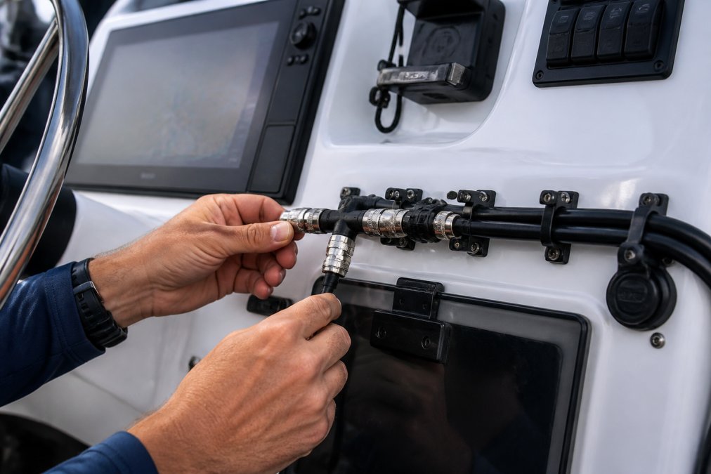 Close-up of hands connecting a T-connector and drop cable to a marine NMEA 2000 backbone on a boat helm, with a chartplotter and multifunction display visible in the background