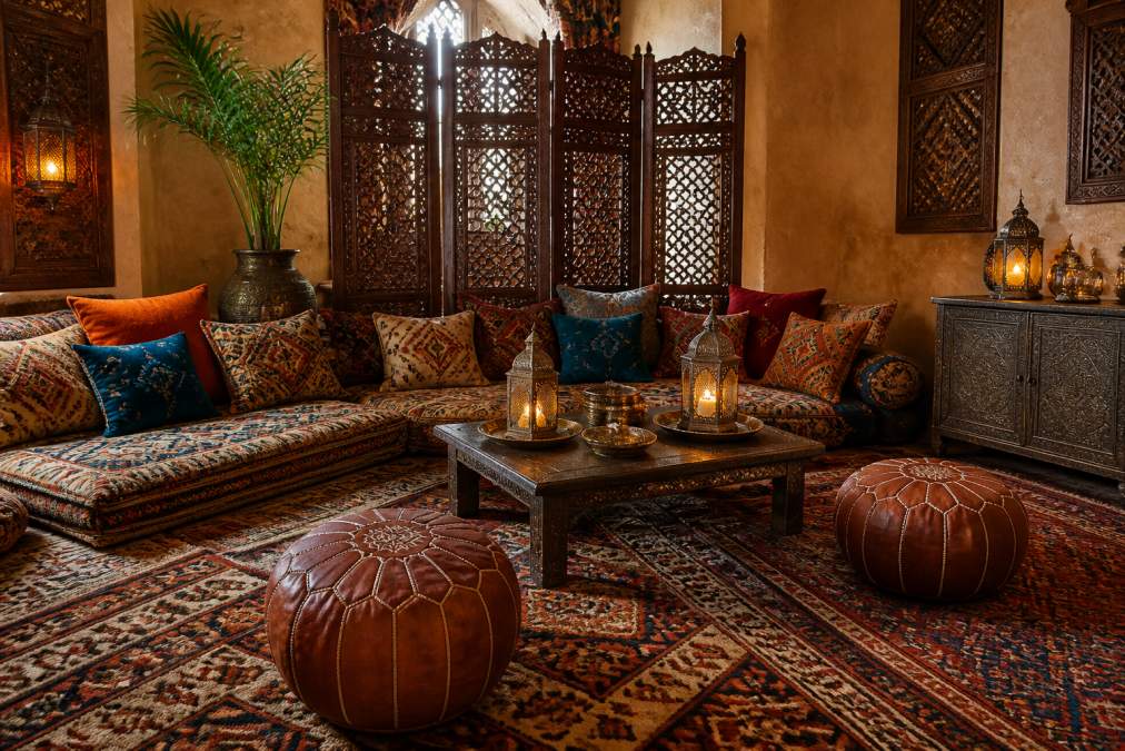 A richly appointed living room featuring layered geometric and tribal rugs in warm earth tones, low seating arrangements with jewel-toned cushions and leather poufs, carved wooden screens with intricate lattice patterns, and brass lanterns casting ambient light on textured plaster walls