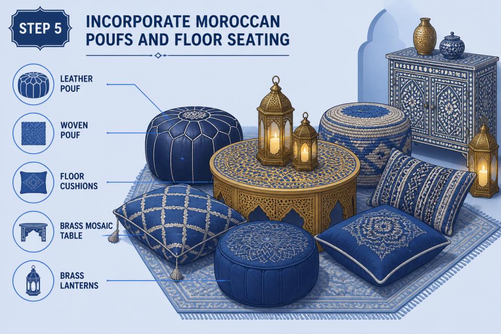 An intimate arrangement of decorative Moroccan poufs and floor cushions in rich jewel tones, leather, and woven fabrics, grouped around a low brass mosaic table with brass lanterns providing warm ambient lighting, showcasing varied textures and patterns