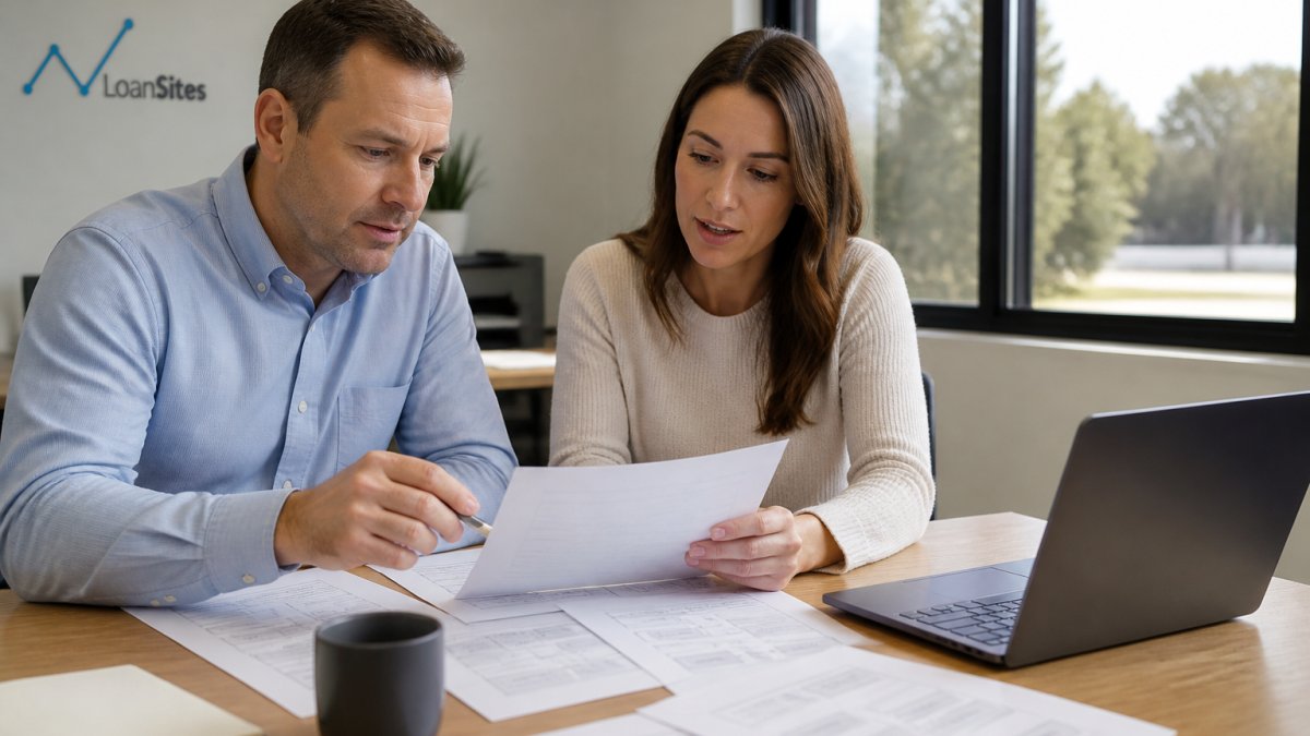 A loan officer and a marketing coordinator reviewing printed workflow notes and a laptop screen at a shared desk in a bright mortgage office