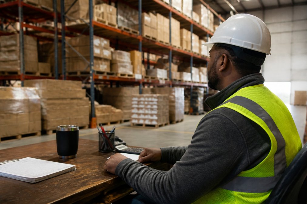 Warehouse staff member monitoring real-time inventory data on a computer screen, with shelves of packaged products visible in the background