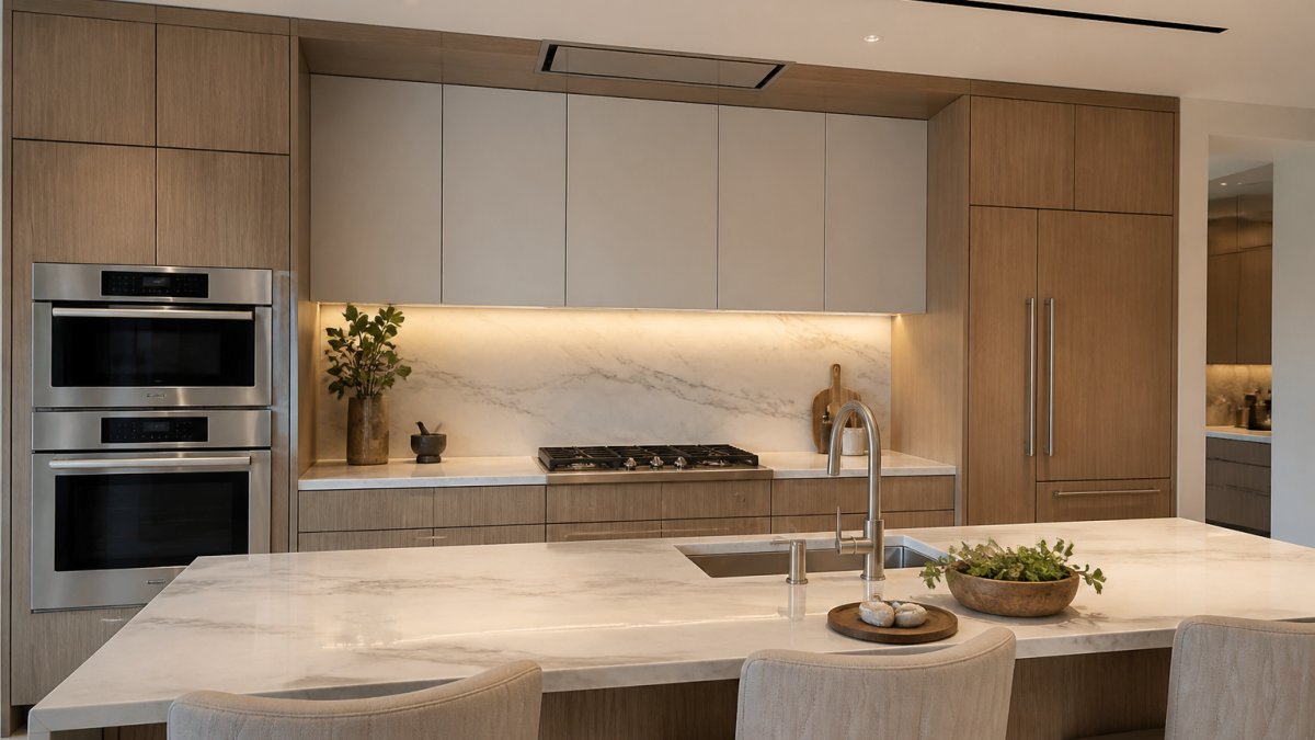 Custom cabinetry with integrated appliances and marble counters showing how to integrate smart appliances in luxury kitchen
