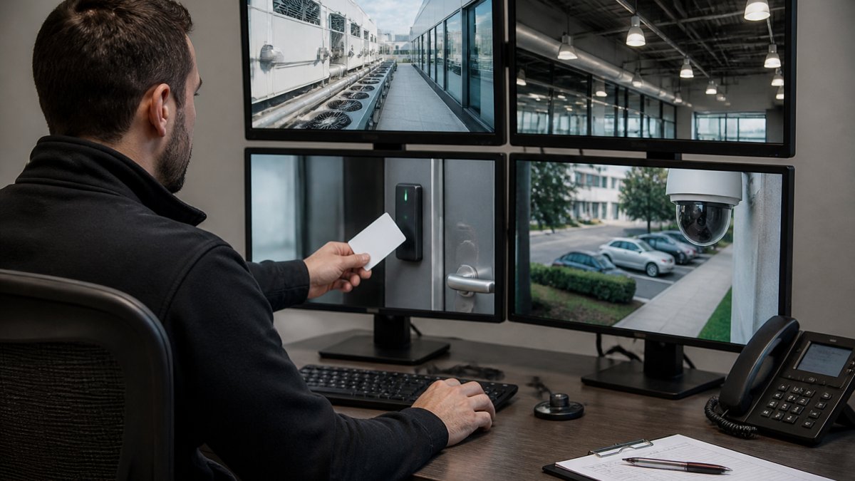 Technician monitoring interconnected smart building systems on multiple displays showing real-time HVAC, lighting, access control, and security data streams in modern control room