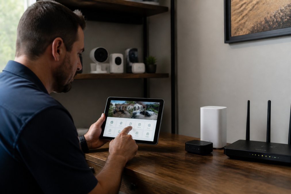 Security technician setting up a smart home dashboard to integrate smart home devices with professional security.