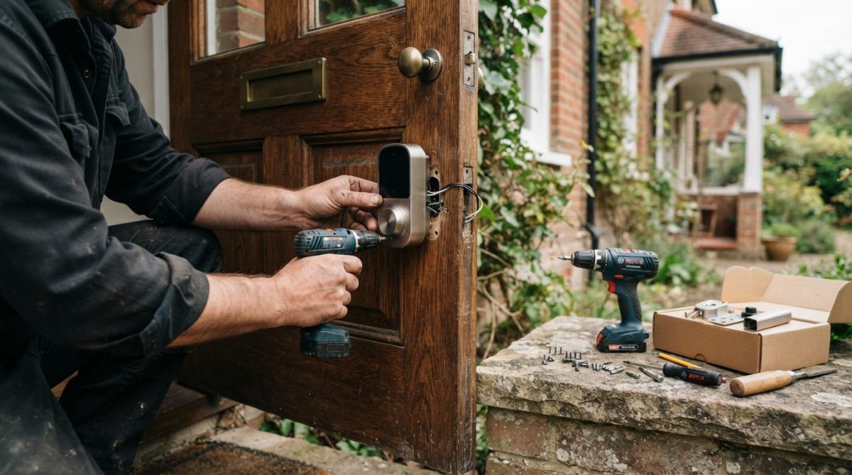 Person using a drill to install a smart lock on a timber door to integrate smart home features in modern doors.