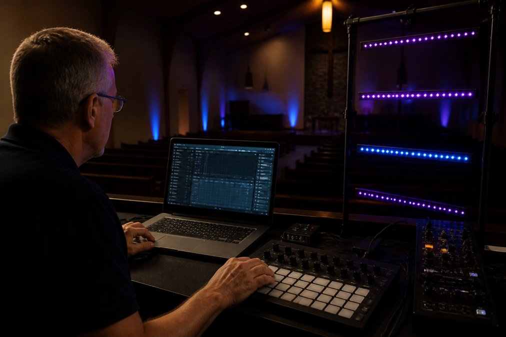 Volunteer using a MIDI controller to patch smart home lighting in a church sanctuary.