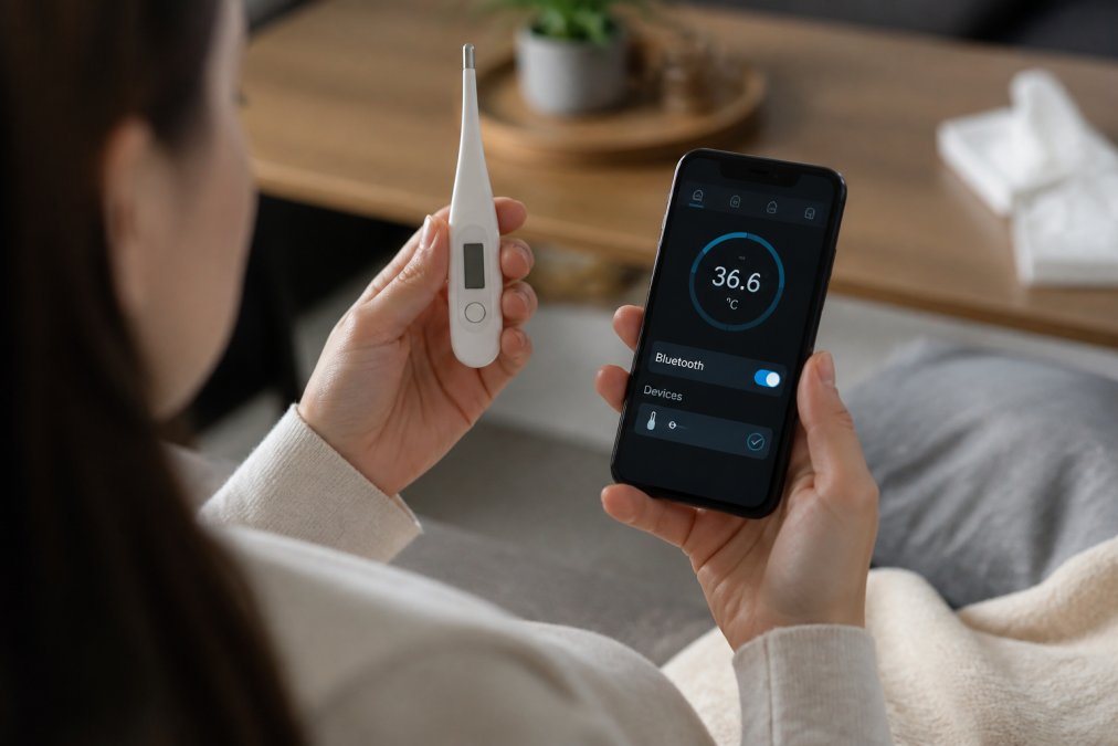 Person's hand holding a smart thermometer while looking at a smartphone screen displaying a health app with temperature data and Bluetooth pairing options visible