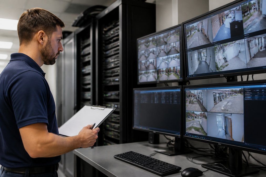 A security technician in a server room reviewing multiple monitors showing camera feeds and access logs, clipboard in hand, professional commercial setting