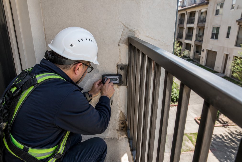 Licensed balcony inspector using non-destructive testing equipment to examine load-bearing connections on a residential concrete balcony, checking fasteners and structural components with professional tools in natural daylight