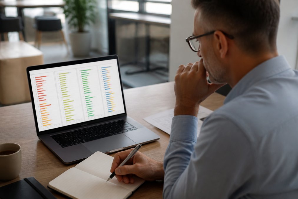 Manager reviewing behavioral assessment data on laptop while taking notes, with multiple colored profile charts visible on screen in modern office setting with natural window lighting