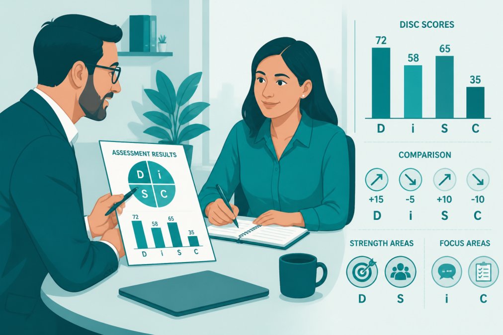 Professional manager and employee having constructive one-on-one conversation at table with assessment results printout, employee taking notes with engaged expression, modern office with warm lighting
