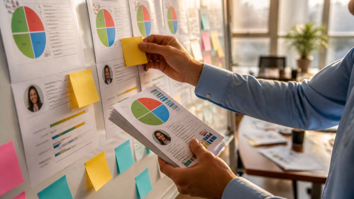 A facilitator standing at a whiteboard covered with sticky notes and printed profile pages, guiding a small group of colleagues who are seated and looking at their own DiSC reports in a bright meeting room