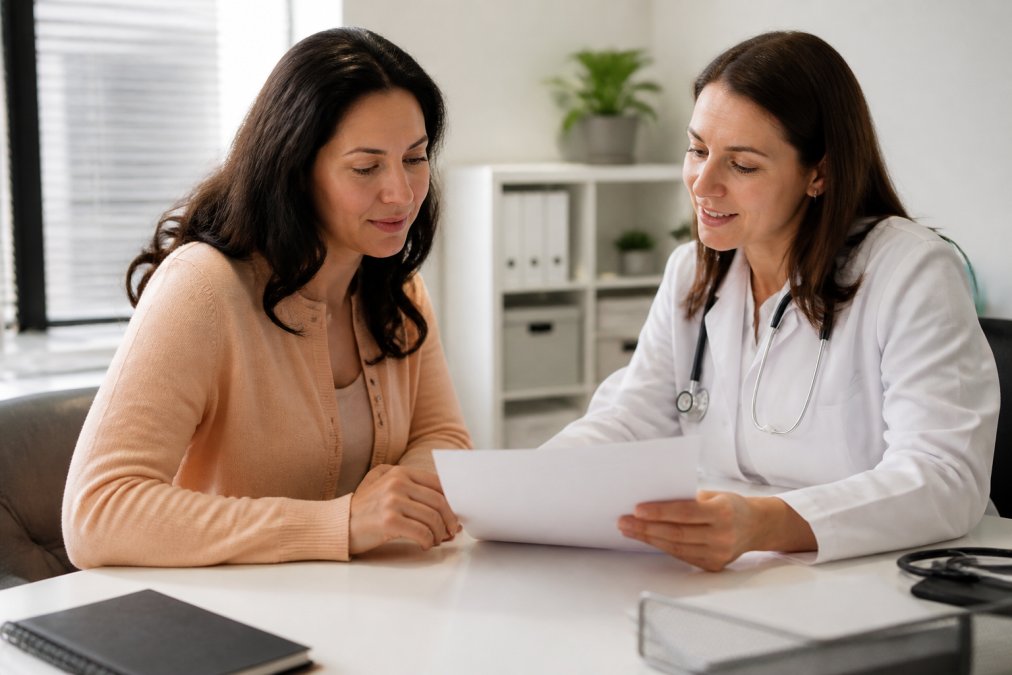 Patient and doctor reviewing a printed report to interpret DNA health test results in a collaborative clinic setting