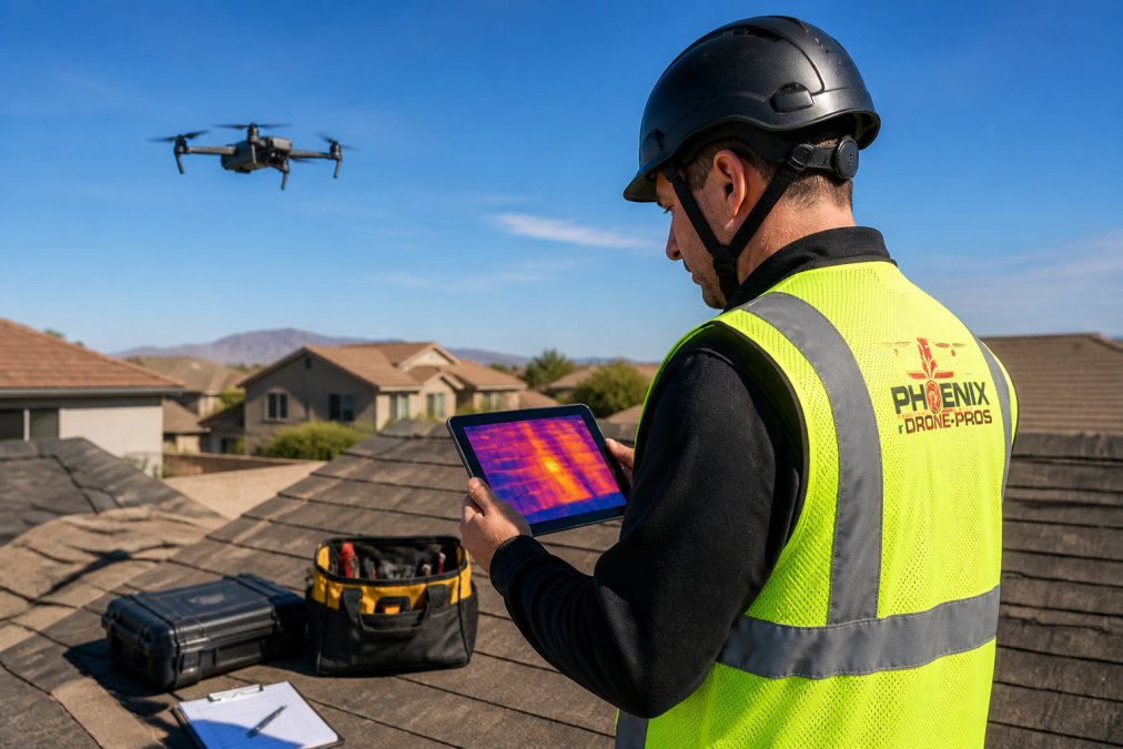 A certified drone pilot in a safety vest reviewing a thermal imaging tablet on a residential rooftop, with a drone hovering nearby against a clear sky