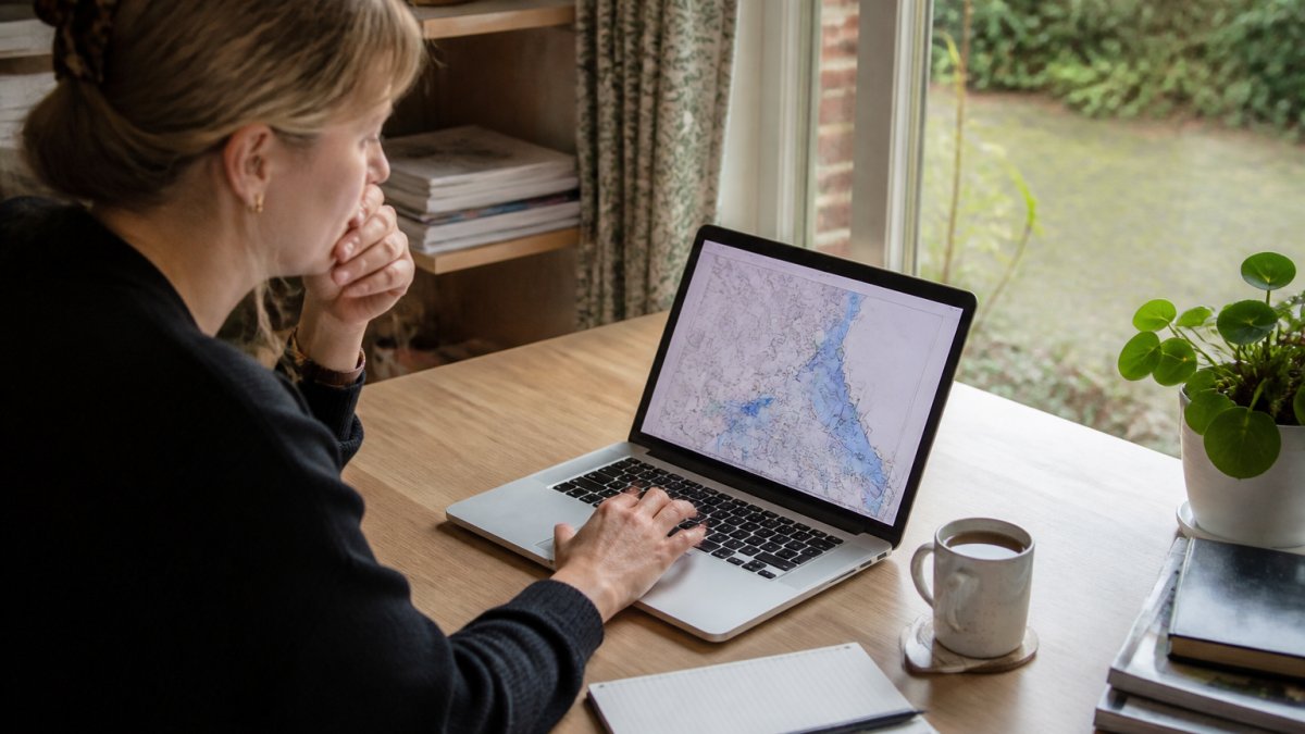A person reviewing a flood risk map on a laptop screen in a home office, with a cup of tea and a notepad nearby, looking focused and analytical