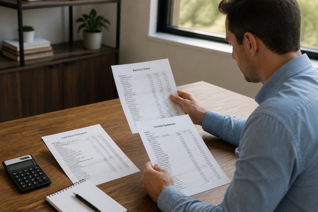 Business owner reviewing documents to interpret financial statements at a desk with a calculator and notepad