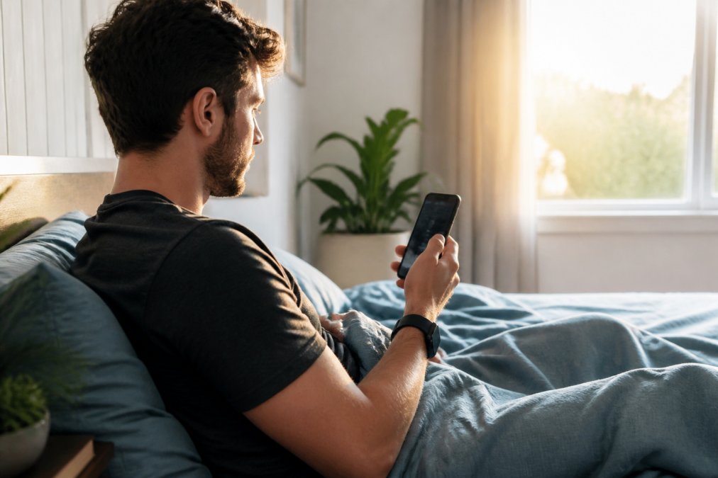 Person in bed wearing a fitness tracker, with soft morning sunlight streaming through the window, reviewing sleep and recovery metrics on their smartphone