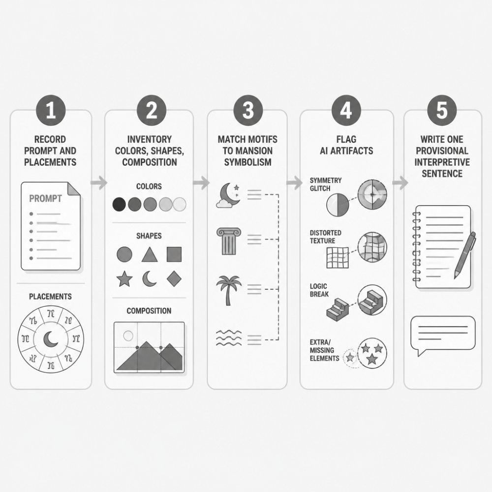 Five-step flowchart for reading a generated image: (1) record prompt and placements, (2) inventory colors, shapes, composition, (3) match motifs to mansion symbolism, (4) flag AI artifacts, (5) write one provisional interpretive sentence