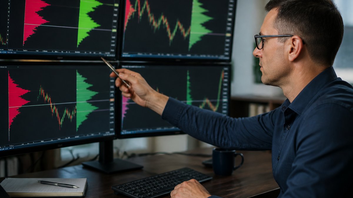 Professional trader at desk with multiple monitors displaying volume profile charts, pointing at a specific price level on the screen with a pen, focused expression analyzing the data