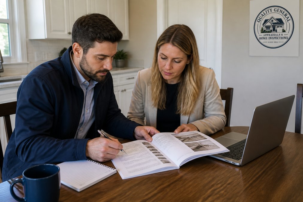 A homebuyer and their real estate agent reviewing a printed home inspection report at a kitchen table, with a laptop open showing a digital version and a pen in hand for notes