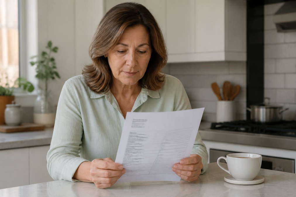 A middle-aged person in a bright, modern kitchen holding a printed laboratory report, looking at it with a calm, focused expression. A cup of tea sits on the counter nearby.