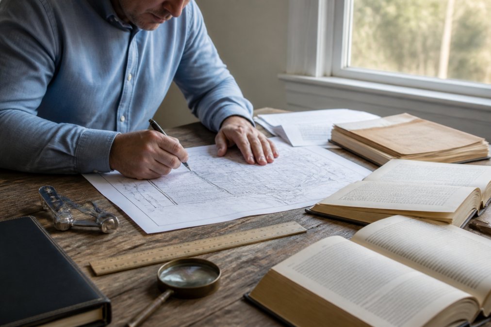 Real estate professional examining a plat map and recorded deed documents at a wooden desk, with surveying tools, measurement ruler, and property records visible under natural window lighting