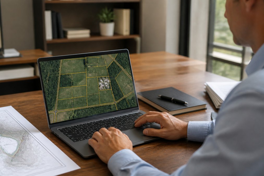 Property professional using a laptop displaying GIS mapping software with property boundary lines, parcel outlines, and interactive mapping tools visible on the screen in a modern office setting