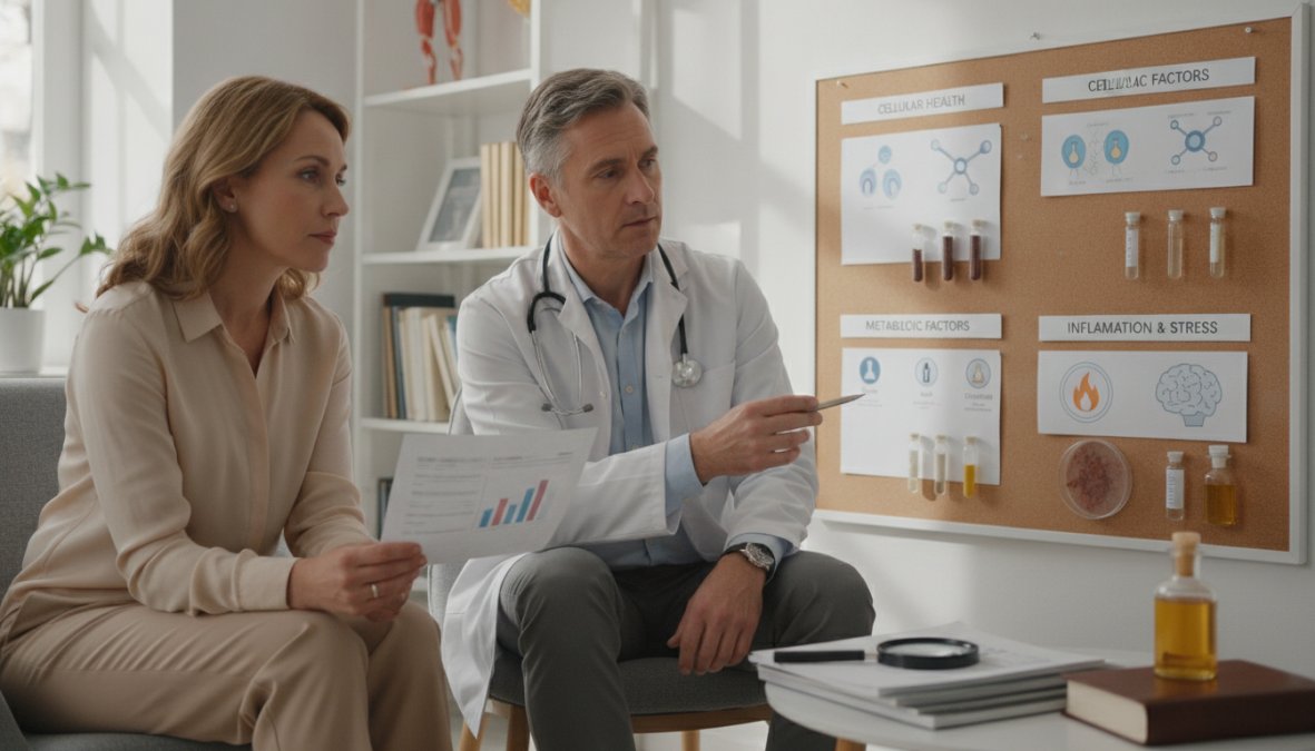 Healthcare professional reviewing blood test results on a computer screen with a patient seated nearby in a clinical setting, bright natural light from window
