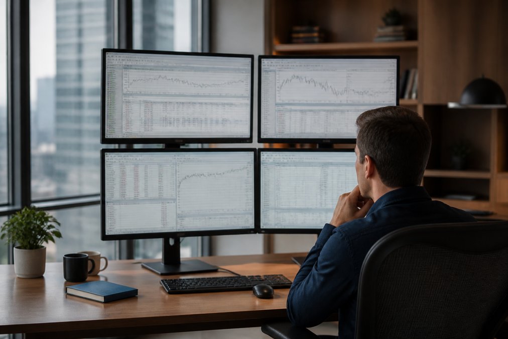 Trader reviewing equity curves and performance metrics to interpret MT5 backtesting results on multiple monitors