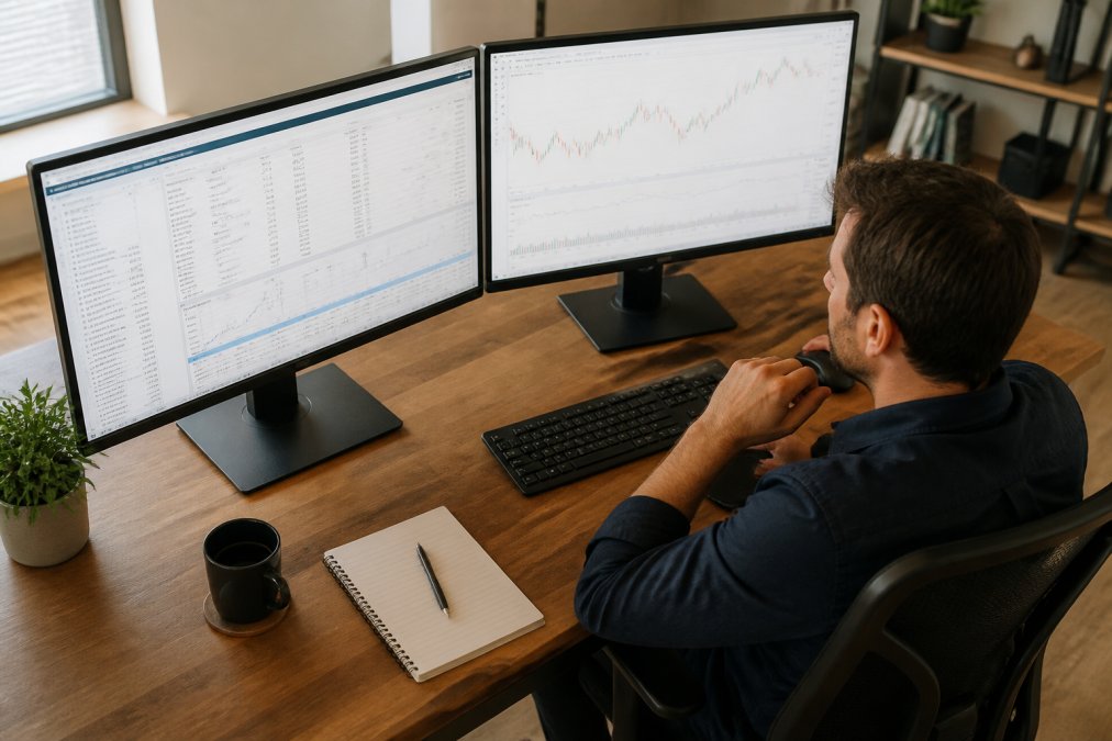 Professional trader sitting at dual monitors displaying MT5 strategy tester report with performance metrics visible, reviewing data with focused attention in modern office with natural lighting