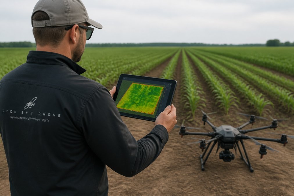 A drone pilot in a field holding a tablet displaying a colorful crop health map, with a multispectral drone on the ground nearby and rows of crops in the background