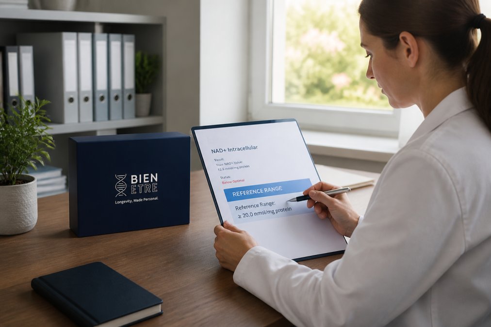 Professional examining NAD+ test results on a detailed laboratory report at a desk with natural lighting, highlighting the reference range section