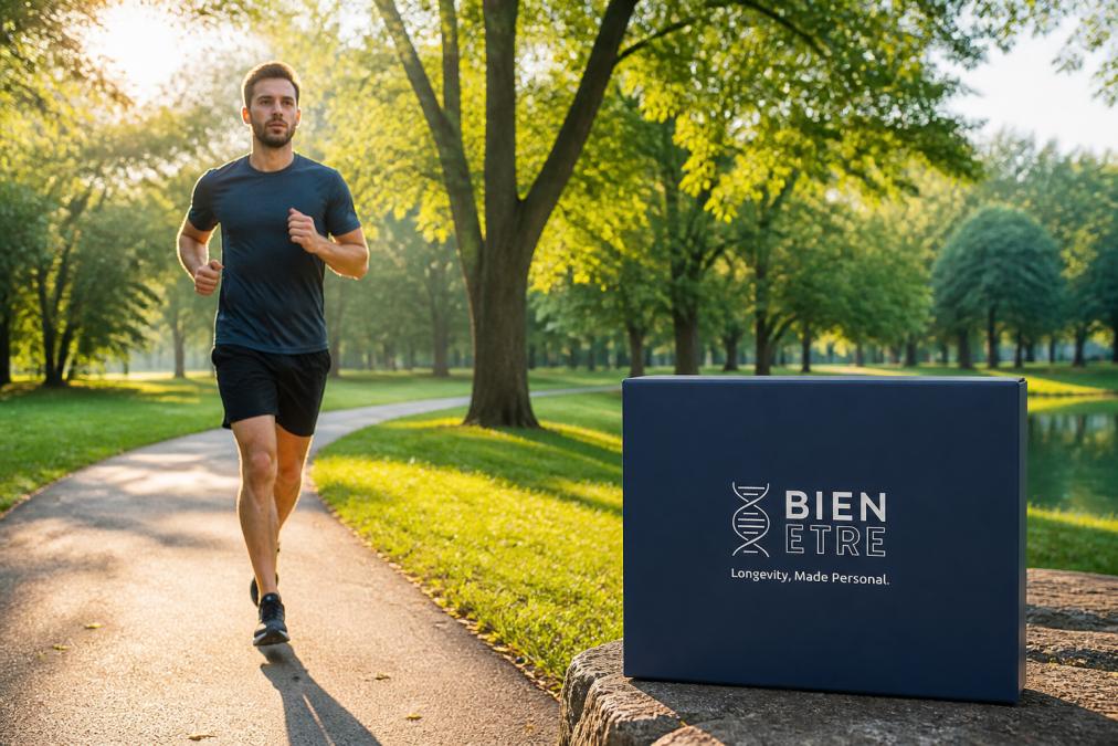 Active person jogging outdoors in morning sunlight through a park, demonstrating natural exercise and lifestyle habits that support cellular energy and NAD+ production