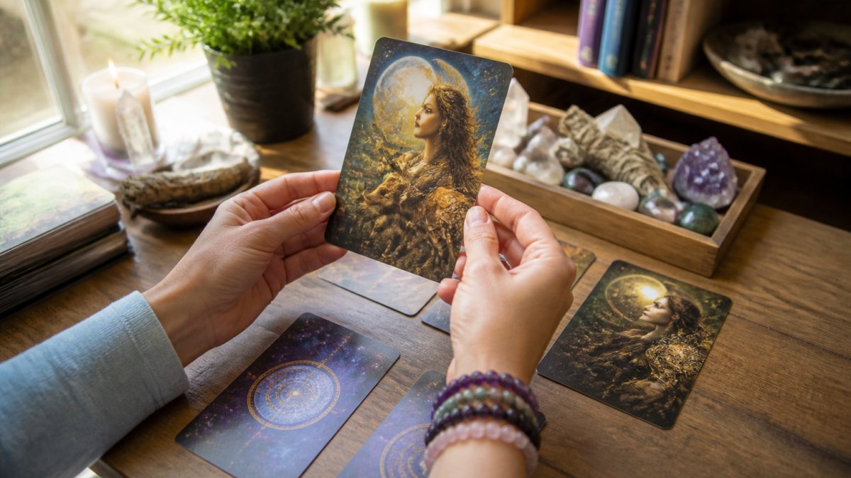 Hands holding an oracle card to examine detailed artwork and symbols under bright natural light