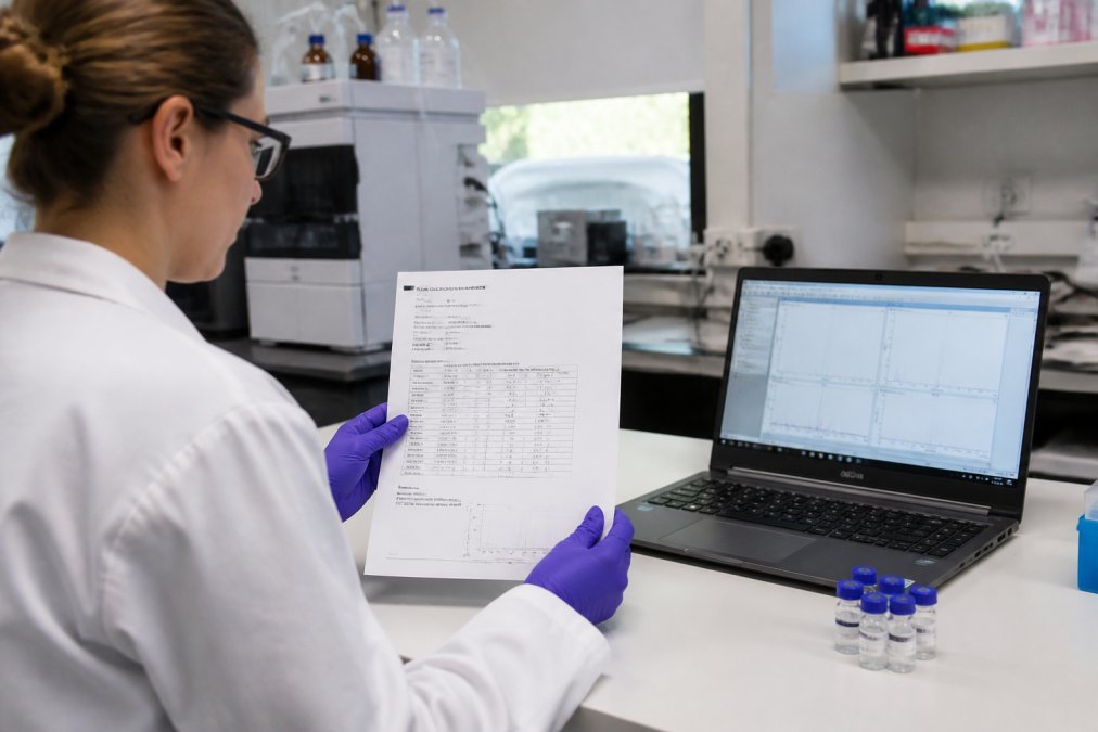 A laboratory researcher in a white coat examining a printed Certificate of Analysis document next to a laptop showing analytical data, with peptide vials visible on the bench