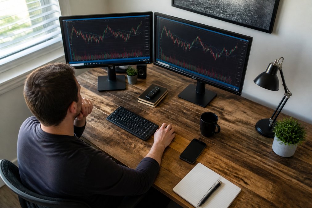 A focused retail investor analyzing stock charts on a dual-monitor setup in a home office, financial data and candlestick patterns visible on the screens, natural daylight from a window