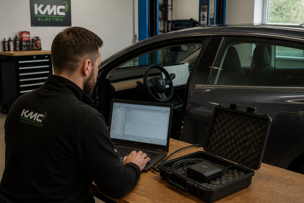 A mechanic in a clean workshop using a laptop connected to a Tesla Model 3, with the car's touchscreen displaying diagnostic information in the background