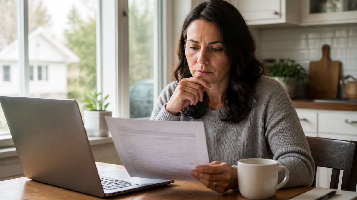 A woman in her 40s sitting at a kitchen table reviewing a printed lab report, laptop open beside her, cup of tea nearby, soft morning light through the window