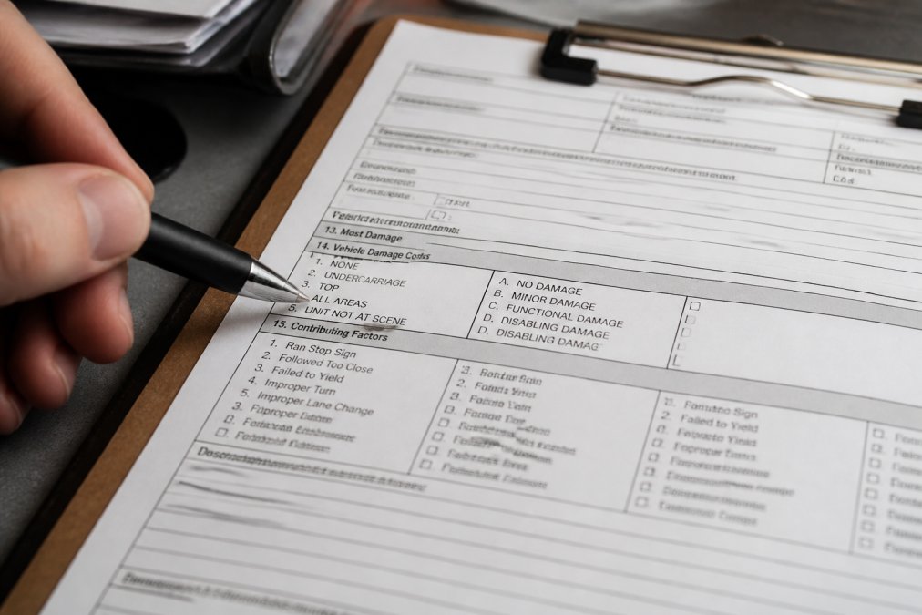 Pen pointing to the vehicle damage codes section on a police accident report form resting on a clipboard