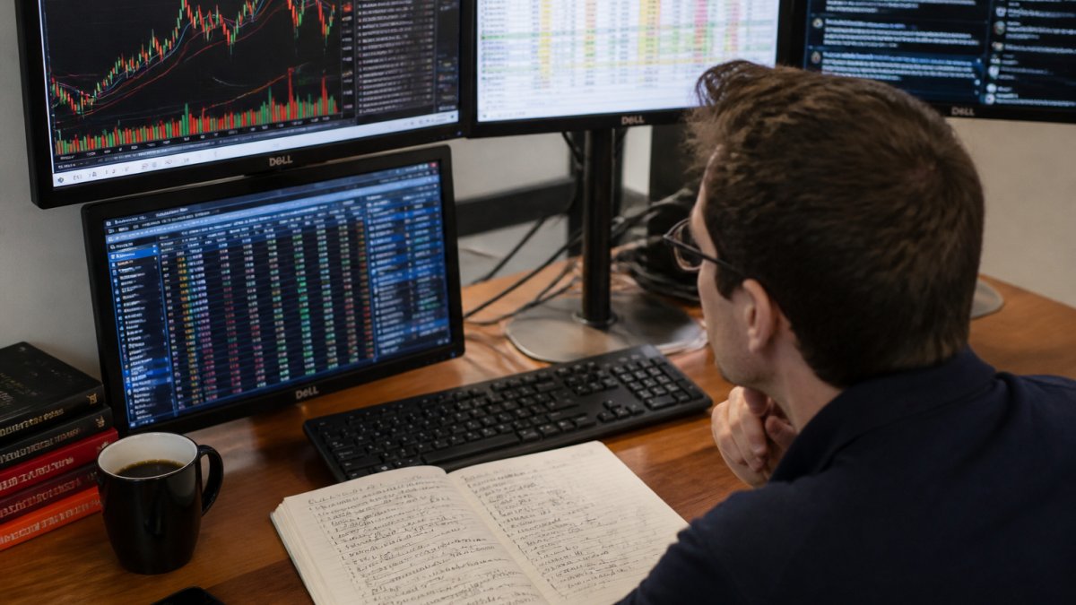 Trader at desk with multiple monitors displaying stock charts, earnings data spreadsheets, and financial news, with notebook open showing handwritten calculations and whisper number analysis