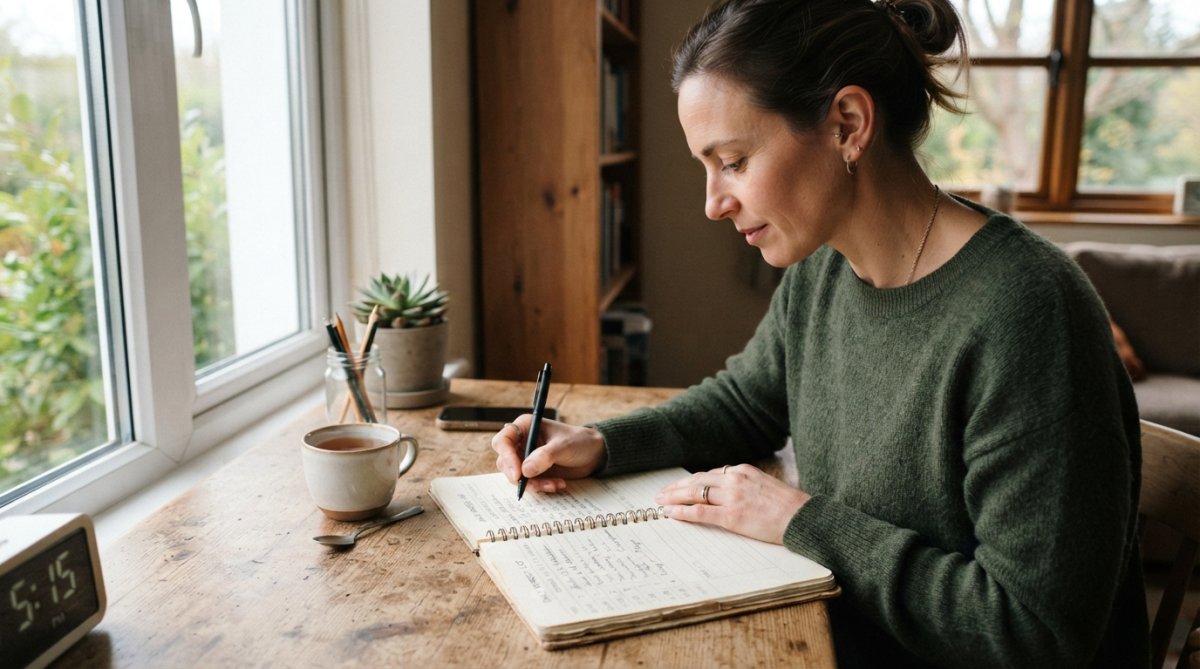 Person at a desk writing in a notebook to learn how to interpret your energy levels while enjoying a warm drink