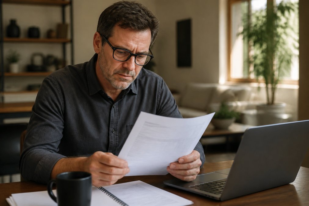 Man sitting at home reviewing a printed LabCorp blood test report at his desk with a laptop nearby, reading the document carefully with focused attention