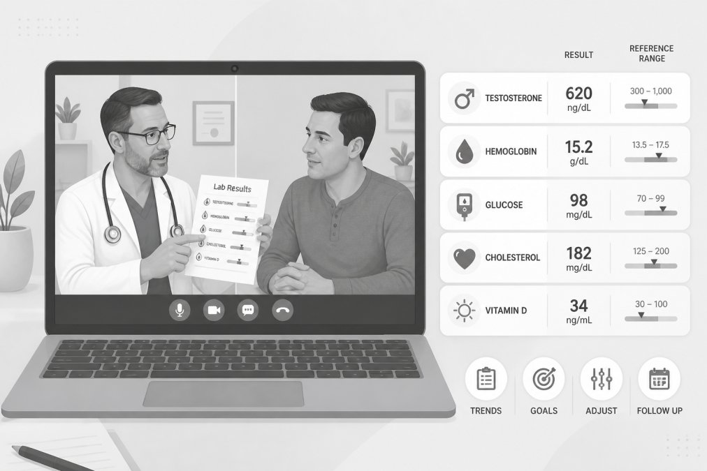 Virtual telehealth consultation on a laptop screen showing a healthcare provider and patient discussing lab results together in a professional setting